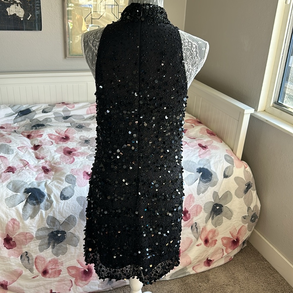 Bicici 100% Silk Sequin & Beaded Black Halter Mock Neck DiscoMini Cocktail Dress - Picture 6 of 14